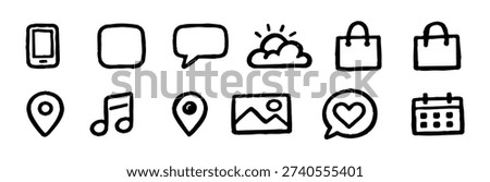 Set of hand-drawn minimalist doodle icons for apps and social media, featuring weather, location, music, and shopping symbols.
