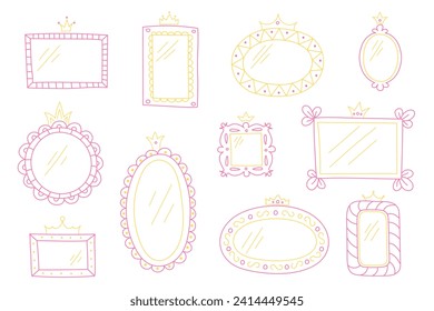 A set of hand-drawn minimalist mirror doodles. Girly vector frames for little princesses of different shapes. Pink and yellow lines, crowns, decorative border.
