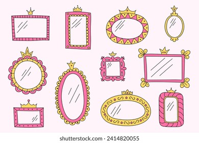 A set of hand-drawn minimalist mirror doodles. Girly vector frames for little princesses of different shapes. Pink and yellow colors, crowns, decorative border.