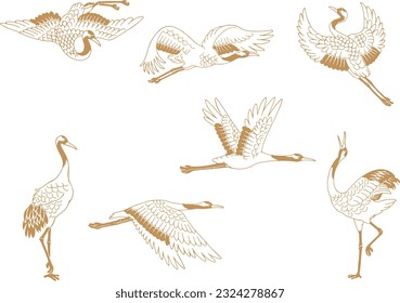 Set of Hand-drawn Monochrome Illustrations of Japanese Crane (Tancho)
