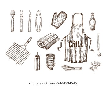 Un conjunto de bocetos monocromos dibujados a mano de Elementos de barbacoa y picnic, delantal, parrilla de barbacoa, herramientas, etc. Para el diseño de menú de restaurantes y cafeterías. Ilustración vintage de Doodle. 