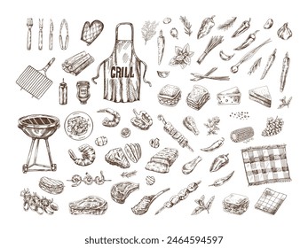 A set of hand-drawn monochrome sketches of barbecue and picnic elements. For the design of the menu of restaurants and cafes, grilled food. Doodle vintage illustration. Engraved image.