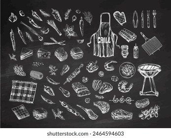 A set of hand-drawn monochrome sketches of barbecue and picnic elements. For the design of the menu of restaurants, grilled food. Doodle vintage illustration on chalkboard background. 