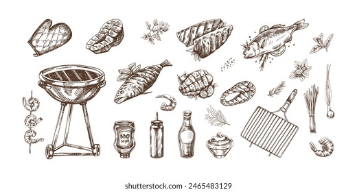 A set of hand-drawn monochrome sketches of barbecue and picnic elements, barbecue grill, tools, grilled fish, fish steaks. For the design of menu of cafes. Doodle vintage illustration.