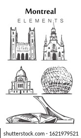 Set of hand-drawn Montreal buildings  elements sketch vector illustration. St. Joseph's Oratorio, Biosphere, Notre Dame Cathedral, Montreal Biodome