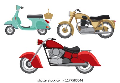 Set of hand-drawn motorcycles and retro motor scooter. Vector graphics. Isolate