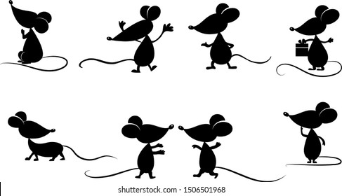 Set of hand-drawn mouse. Silhouette in cartoon style. Sign icon. Vector illustration.