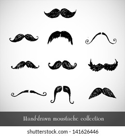 Set of hand-drawn moustaches isolated on white. Vector illustration.