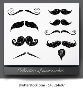 Set of hand-drawn moustaches isolated on white. Vector illustration.