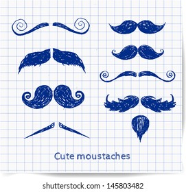 Set of hand-drawn moustaches on squared paper. Vector illustration. 