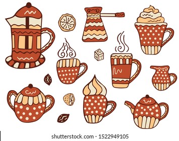 Set of hand-drawn mugs of coffee, tea and cappuccino, a jug of milk, coffee beans, a piece of sugar, half and a slice of lemon, sugar bowl, teapot, French Press and cezve on a white background. Vector