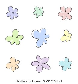 A set of hand-drawn multicolored abstract flowers with a contour isolated on a white background, vector. Botanical illustration for decoration, celebration, decoration. Flower icons.