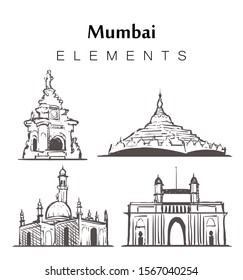 Set of hand-drawn Mumbai buildings, elements sketch vector illustration. The gate of the Pagoda the global Vipassana, Flora Fountain, Haji Ali Mosque.