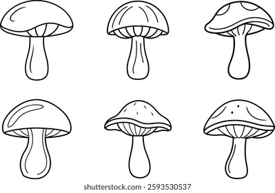 Set of Hand-Drawn Mushroom Outline Vector Illustrations for Coloring and Design