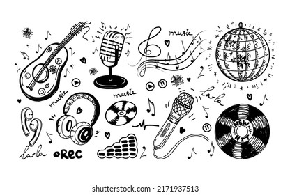 A set hand  drawn musical elements in sketch style  Guitar ukulele  Headphones  microphones  CDs  audio  Disco ball  violin key and notes   recording icons  Vector simple isolated illustration