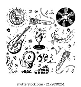 A set of hand-drawn musical elements in sketch style. Guitar or ukulele. Headphones, microphones, CDs, audio, Disco ball, violin key with notes and recording icons. Vector simple isolated illustration