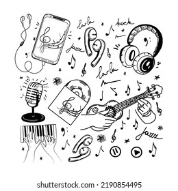 A set of hand-drawn musical elements in sketch style. Guitar or ukulele, piano. Headphones, microphones, CDs, audio, vinyl, violin key with notes and recording icons. Vector isolated illustration