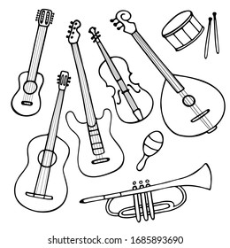 A set of hand-drawn musical instruments. Doodle music elements. Vector illustration