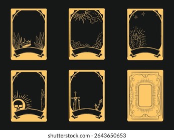 Set of hand-drawn mystical tarot card frames with vintage elements like sword, skull, heart, and crown. Perfect for fantasy, occult, or magical design themes.