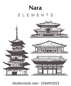Set of hand-drawn Nara buildings, elements sketch vector illustration. Toshodaiji temple,Todai-JI temple Kofukudzi.