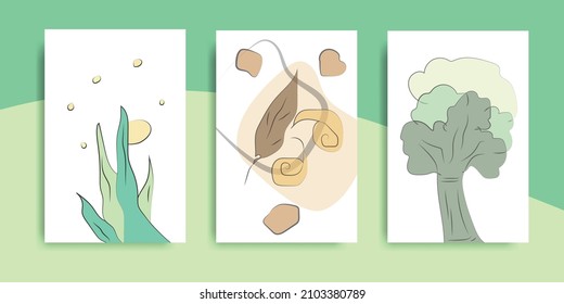 Set of hand-drawn nature-themed decorative backgrounds featuring plants, leaves, and abstract organic shapes in soft earthy tones