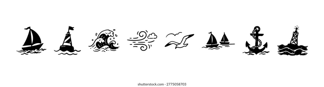 A set of hand-drawn nautical doodle icons featuring sailing ships on ocean waves, seagulls in flight, wind symbols, a lighthouse buoy, and an anchor.