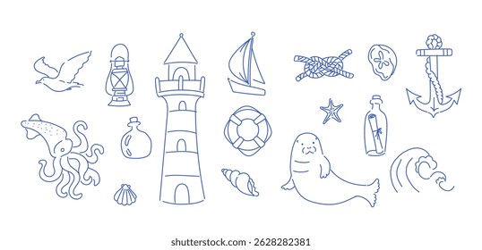 Set of hand-drawn nautical icons in blue line art style. Includes lighthouse, anchor, lifebuoy, sailboat, octopus, seagull, waves, bottle, knot, and sea creatures. 