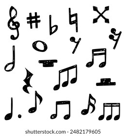 Set of hand-drawn note symbols, notes, rests, changes