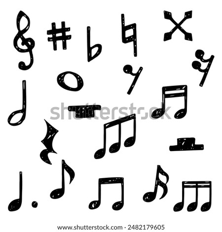 Set of hand-drawn note symbols, notes, rests, changes