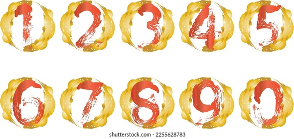 A set of hand-drawn numbers and golden cloud frames that look like they were drawn with a brush