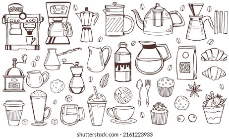 A set of hand-drawn objects for a coffee shop. A collection of elements for the decoration of a cafe or restaurant. Drawings for the menu in sketch style