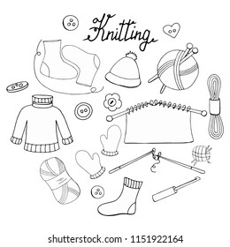 A set of hand-drawn objects for knitting on a white background