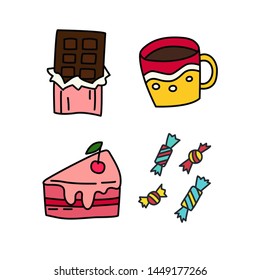 A set of hand-drawn objects on the theme of tea drinking, eating. A cup of tea, candy, open chocolate packaging. Vector cartoon illustration. Suitable for decorating items or printing 