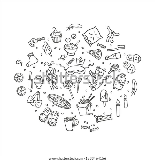 Monochrome doodle party objects in hand drawn style