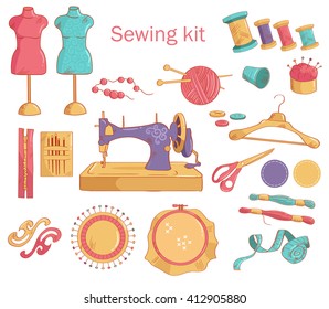 Set of hand-drawn objects. Sewing kit. Vector illustration. 