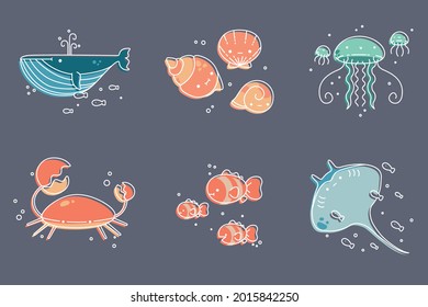 Conjunto de animales oceánicos dibujados a mano