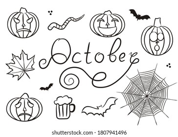 Set of hand-drawn October elements isolated on white background. Halloween icons in doodle style. A mug of beer, pumpkins, spider webs, bats, an autumn leaf, and the handwritten name October. Vector