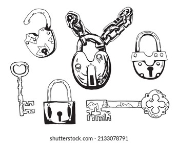 A set of hand-drawn old padlocks and keys. Traced image for illustrations and design.