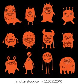 set of hand-drawn orange monsters on black, collection of halloween doodle characters