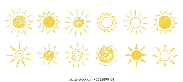 Set of handdrawn orange sun with crayon, chalk or pastel texture. Summer grunge vector illustration.