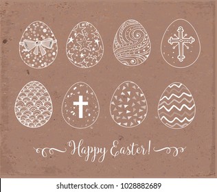 Set of hand-drawn ornated easter eggs on brown parcel paper background. Vector illustration