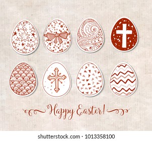 Set of hand-drawn ornated paper cut easter eggs on vintage background. Vector illustration.