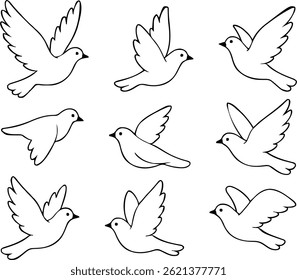 Conjunto de Contorno Desenhado à Mão ícones pretos Linha de Pomba Ilustrações de Arte Domingo Pentecostes Espírito Santo