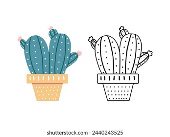 A set of hand-drawn outline and colored vector cacti isolated on white background. Doodle and flat style illustrations of spiny plants, blooming cactus, succulent plants in ceramic pots. Home plants.