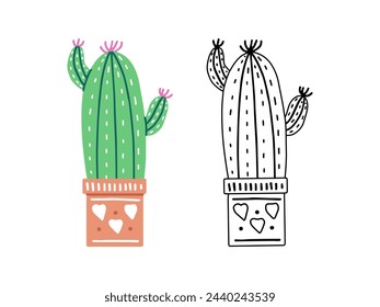A set of hand-drawn outline and colored vector cacti isolated on white background. Doodle and flat style illustrations of spiny plants, blooming cactus, succulent plants in ceramic pots. Home plants.