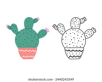 A set of hand-drawn outline and colored vector cacti isolated on white background. Doodle and flat style illustrations of spiny plants, blooming cactus, succulent plants in ceramic pots. Home plants