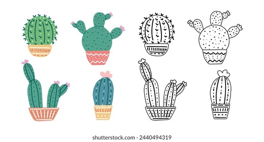 Un conjunto de contorno dibujado a mano y cactus vectoriales de colores aislados sobre fondo blanco. Dibujos de plantas espinosas, cactus florecientes, plantas suculentas en macetas de cerámica. Plantas caseras.