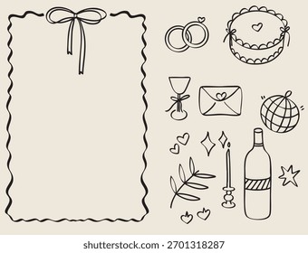 Conjunto de Elementos de contorno dibujados a mano con iconos románticos y de estilo de vida que incluyen botella, pastel y regalos. Ideal para embalaje e ilustración