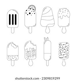 A set of hand-drawn outline ice cream on a stick. Hand drawn doodle design