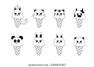 Set of hand-drawn outline ice cream kawaii animal shaped  doodle design